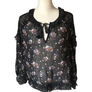 Ulla Johnson NWT Raine Blouse  Dark Floral 100% Silk Georgette Sheer Boho Top